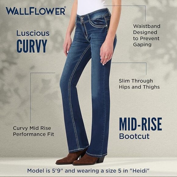 WallFlower Luscious Curvy Bootcut Jeans for Women, Mid-Rise Insta Stretch Denim - Picture 2 of 9